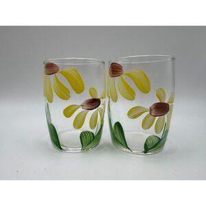 2 Bartlett Collins Gay Fad Handpainted Juice glases Daisies Yellow Brown